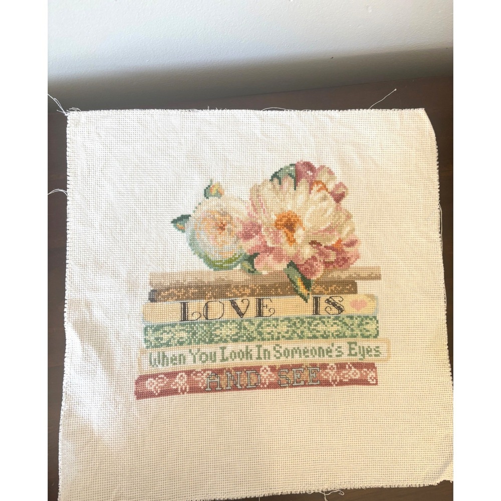Handmade Floral Cross Stitch Love Quote Book Stack Peony Embroidery Art